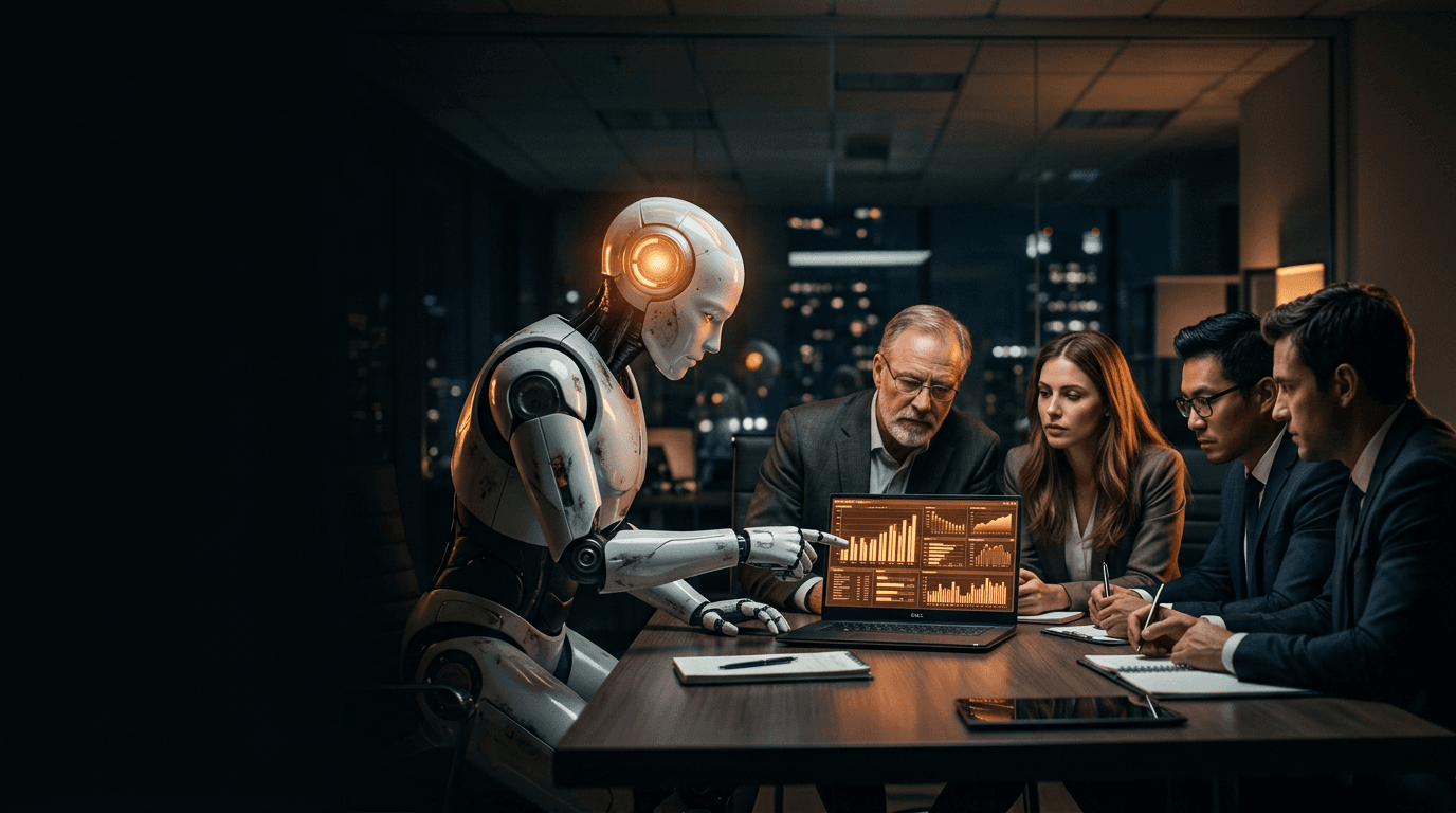 Robô humanoide apontando para um notebook com gráficos enquanto uma equipe de executivos analisa os dados em um escritório.