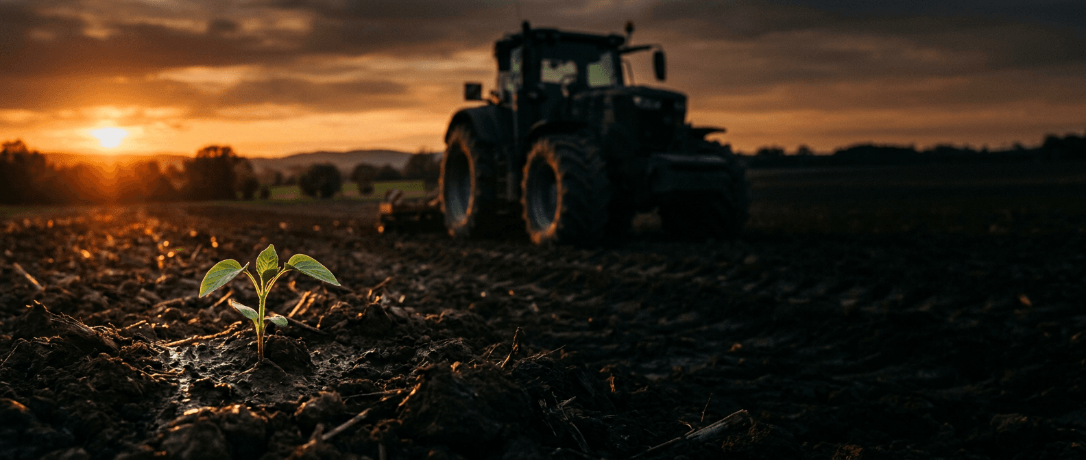 Uma pequena muda brotando na terra em primeiro plano, com um trator ao fundo durante o pôr do sol.